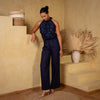 Navy Linen Embroidery Jumpsuit