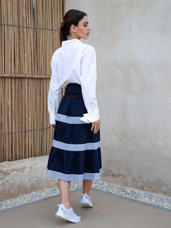 Navy tier skirt with stripes white shirt blouse