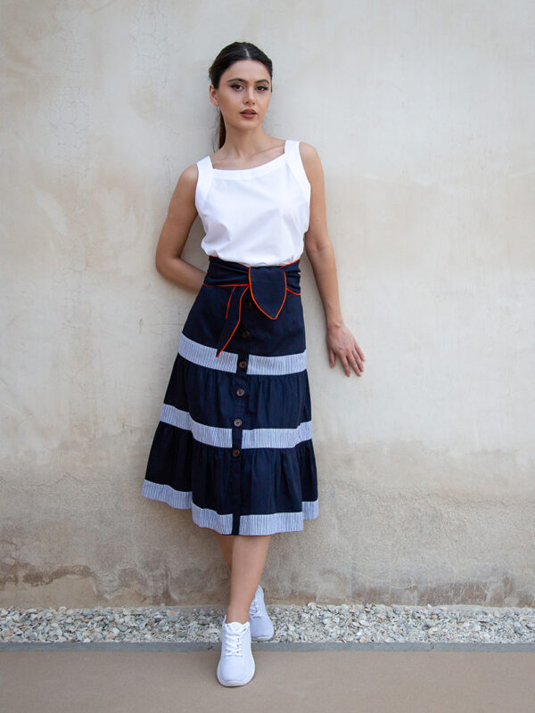 Navy tier skirt with stripes white shirt blouse