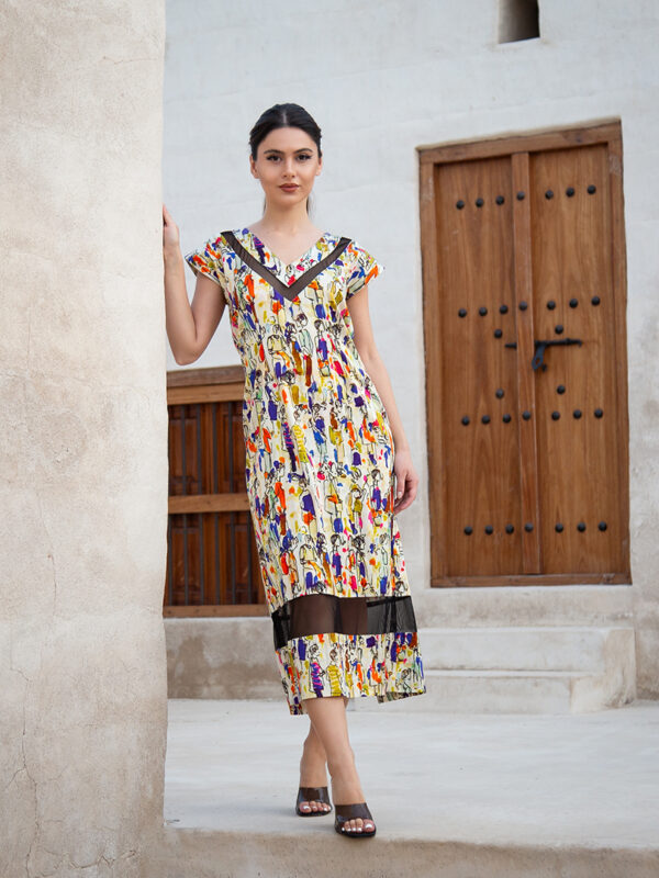 Printed sheath dress with sheer hem