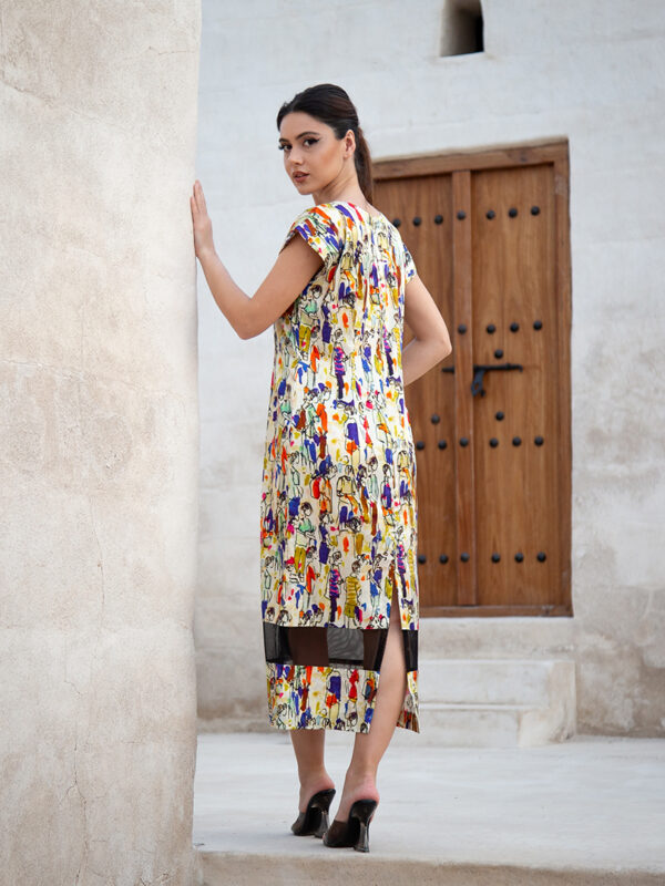 Printed sheath dress with sheer hem