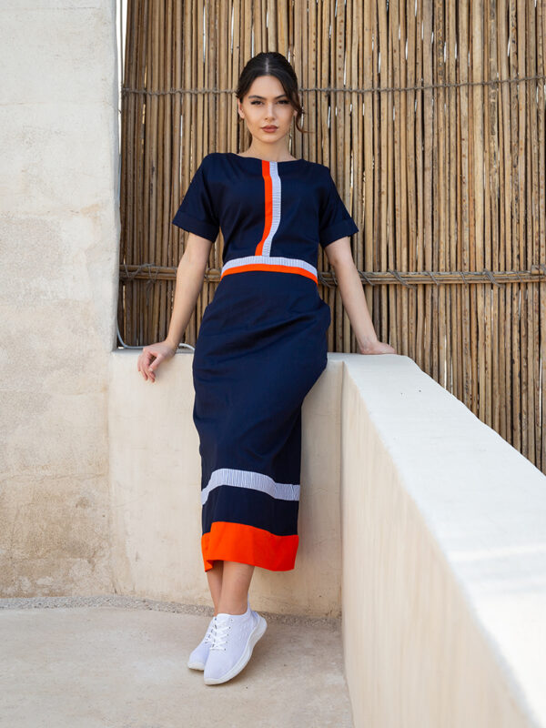 Blue Stripes Orange Detail Shift Dress