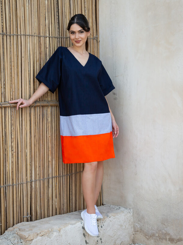 Navy and Orange V-Neck Dress