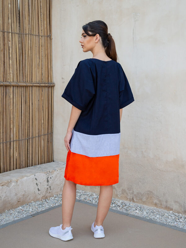 Navy and Orange V-Neck Dress