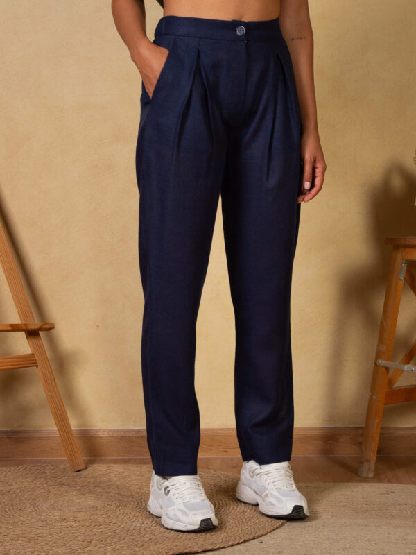 Navy High-Waist Linen Trousers